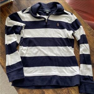 Polo Ralph Lauren Boys Rugby Shirt Quarter Zip Navy White Striped Size M (8-10)